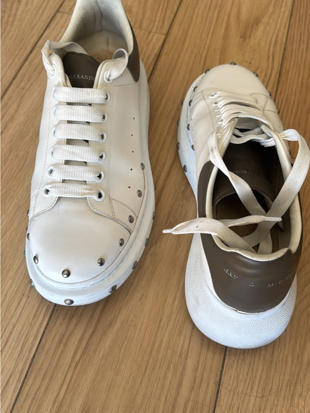Alexander McQueen White Leather Sneakers with Brown Heel and Silver Studs
